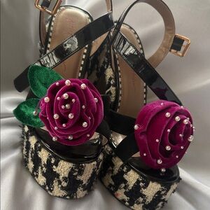 Betsey Johnson Black and Pink Rose Pearl Floral plaid Platform Heels